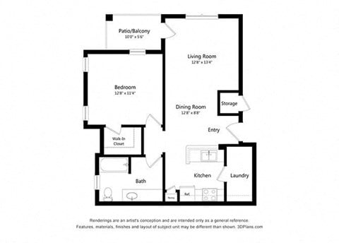 Floor plan for 1 bed, 1 bath, 763 sqft